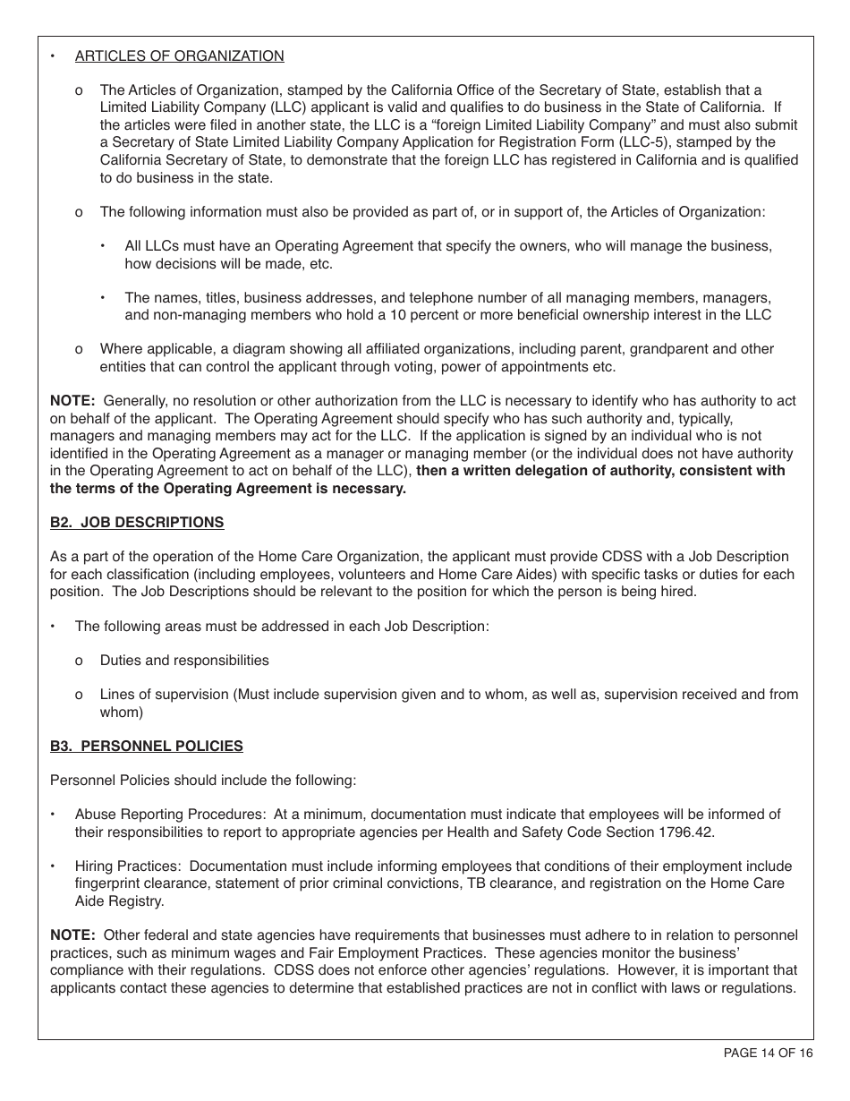 Form HCS281 Application Instructions for a Home Care Organization License - California, Page 14