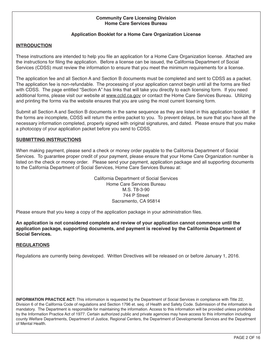 Form HCS281 Application Instructions for a Home Care Organization License - California, Page 2