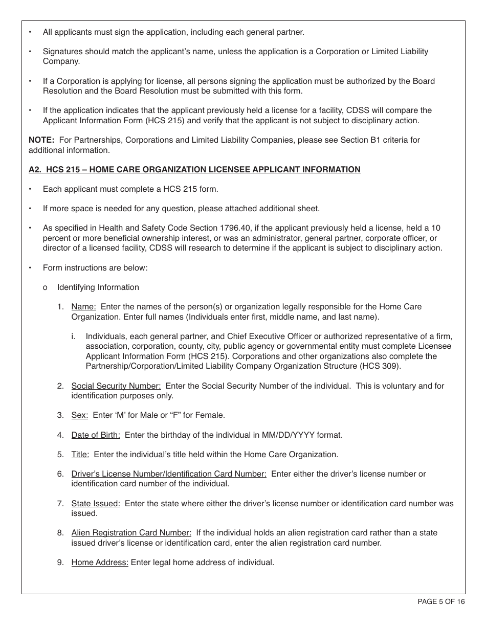 Form HCS281 Application Instructions for a Home Care Organization License - California, Page 5