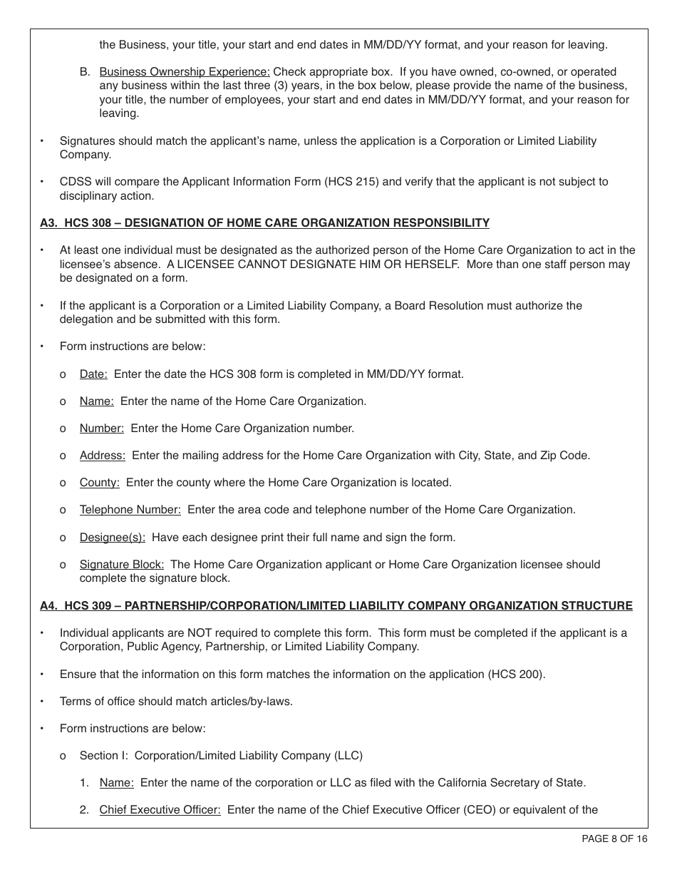 Form HCS281 Application Instructions for a Home Care Organization License - California, Page 8