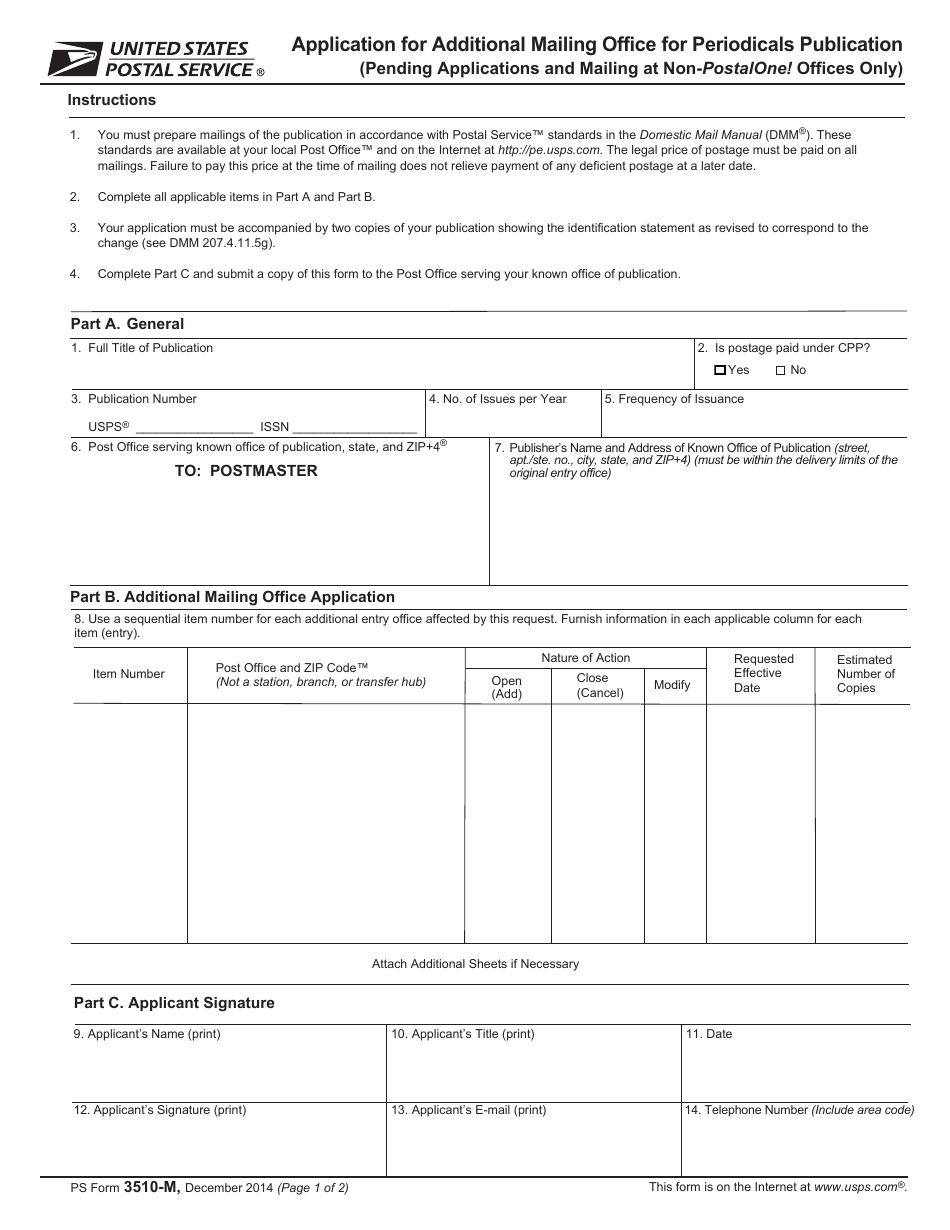 PS Form 3510-M Application for Additional Mailing Office for Periodicals Publication, Page 1