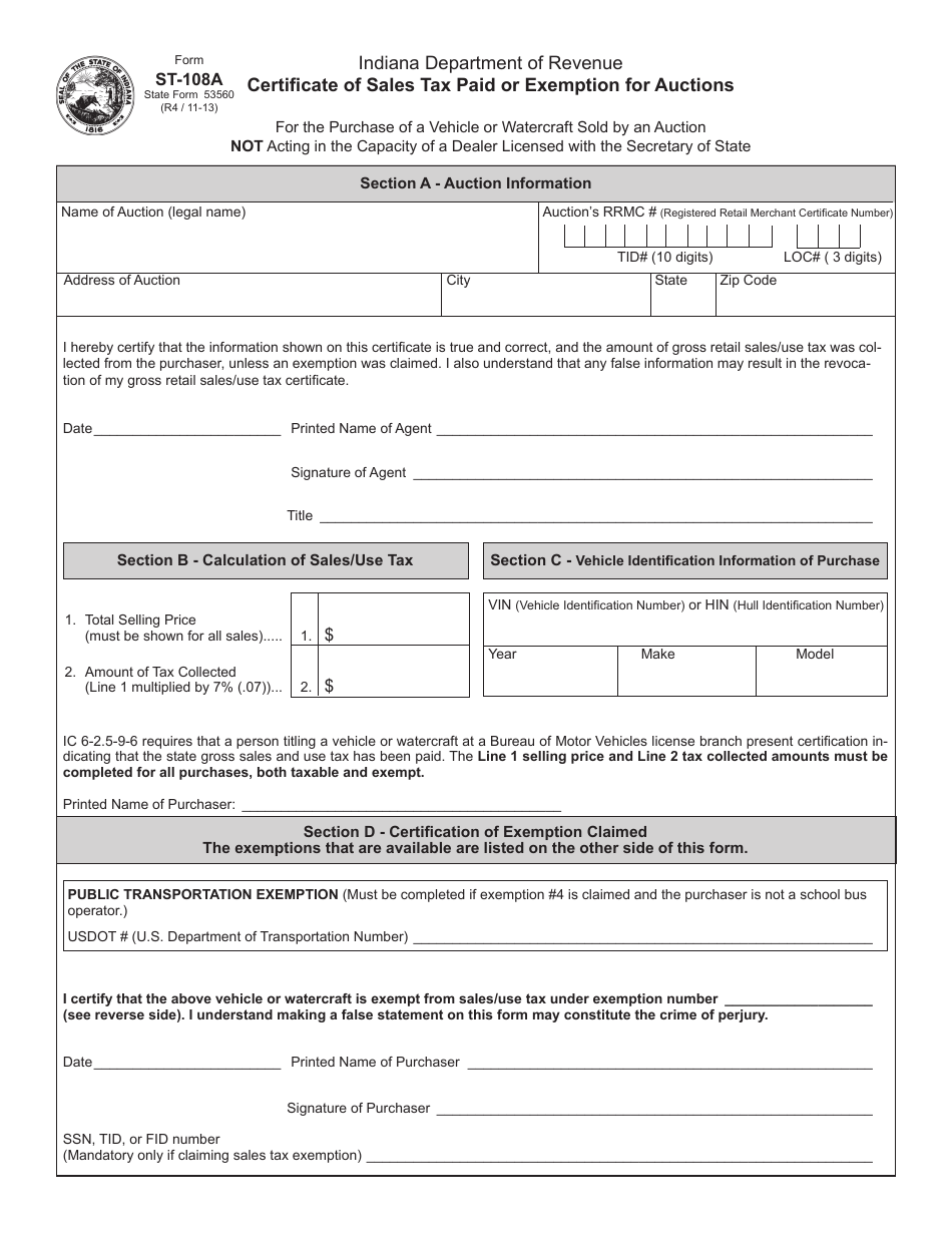Form ST-108A Certificate of Sales Tax Paid or Exemption for Auctions - Indiana, Page 1