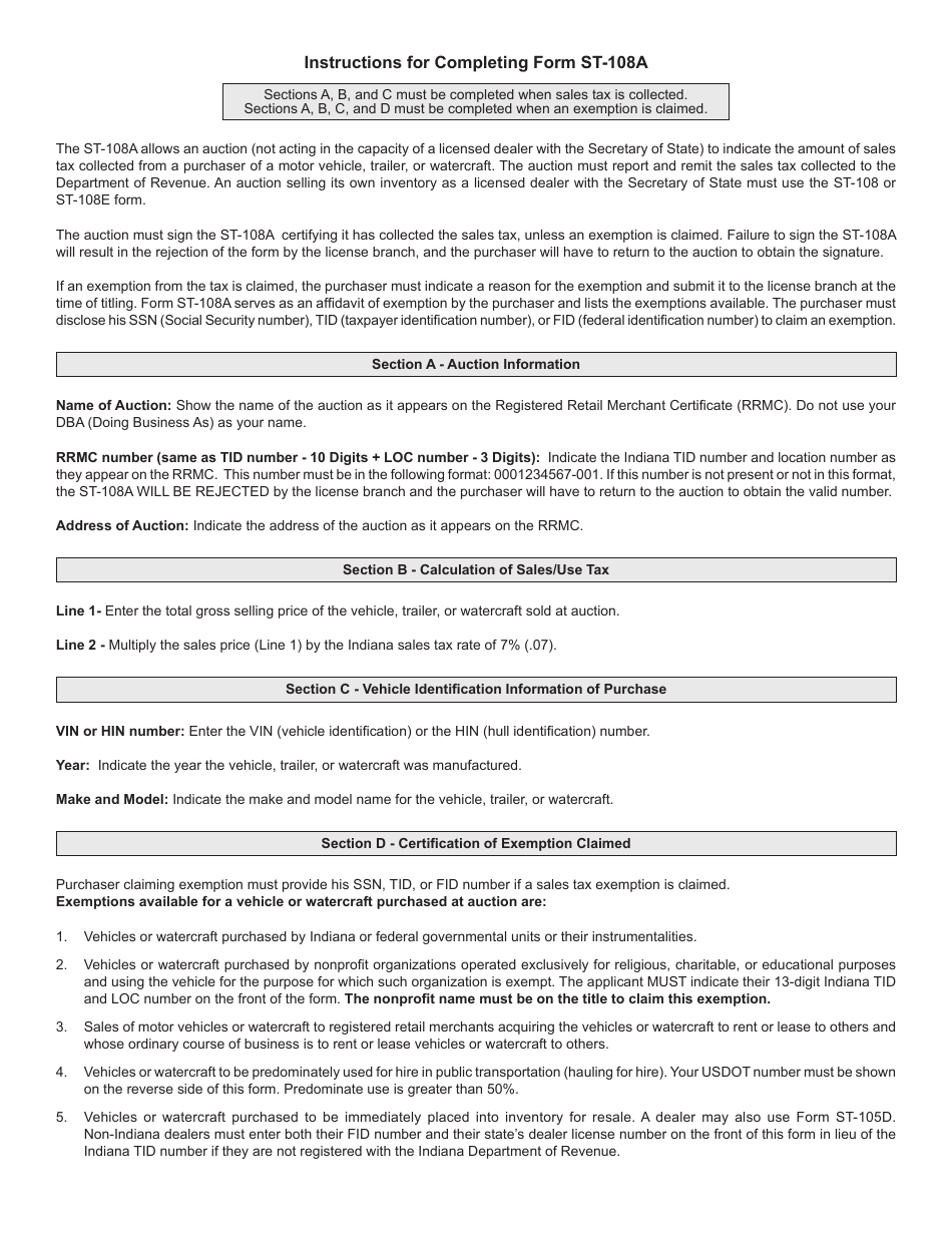 Form ST-108A Certificate of Sales Tax Paid or Exemption for Auctions - Indiana, Page 2