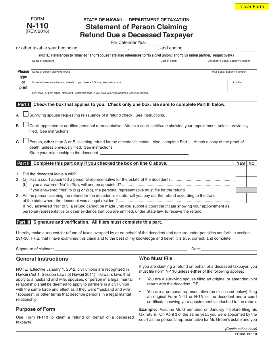 Form N-110 Statement of Person Claiming Refund Due a Deceased Taxpayer - Hawaii, Page 1