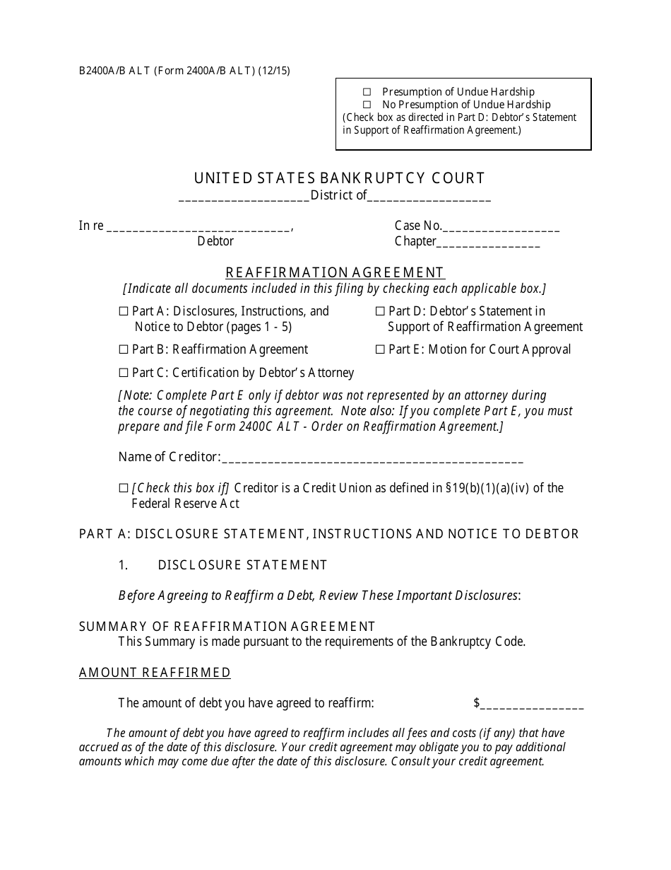 Form B2400A / B ALT Reaffirmation Agreement, Page 1
