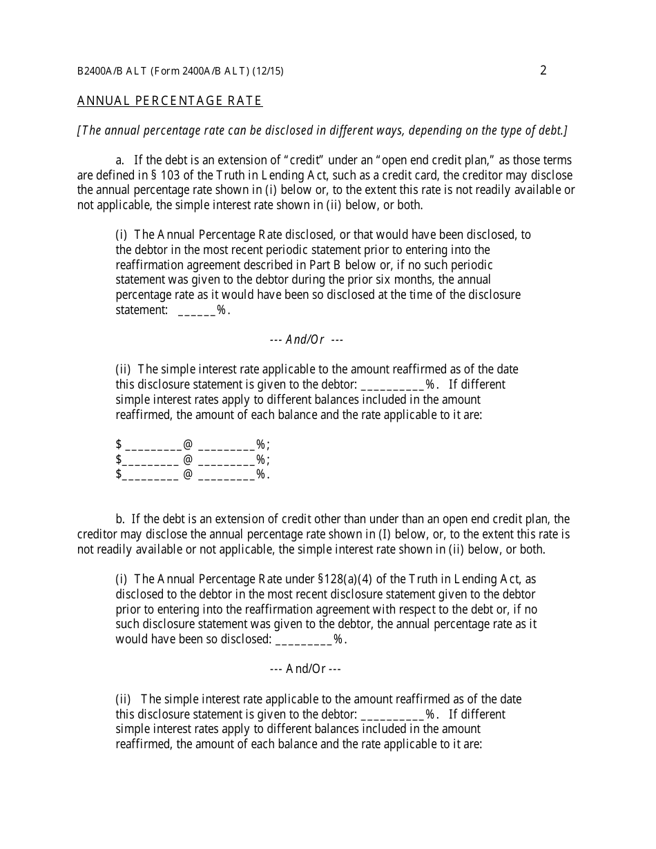 Form B2400A / B ALT Reaffirmation Agreement, Page 2