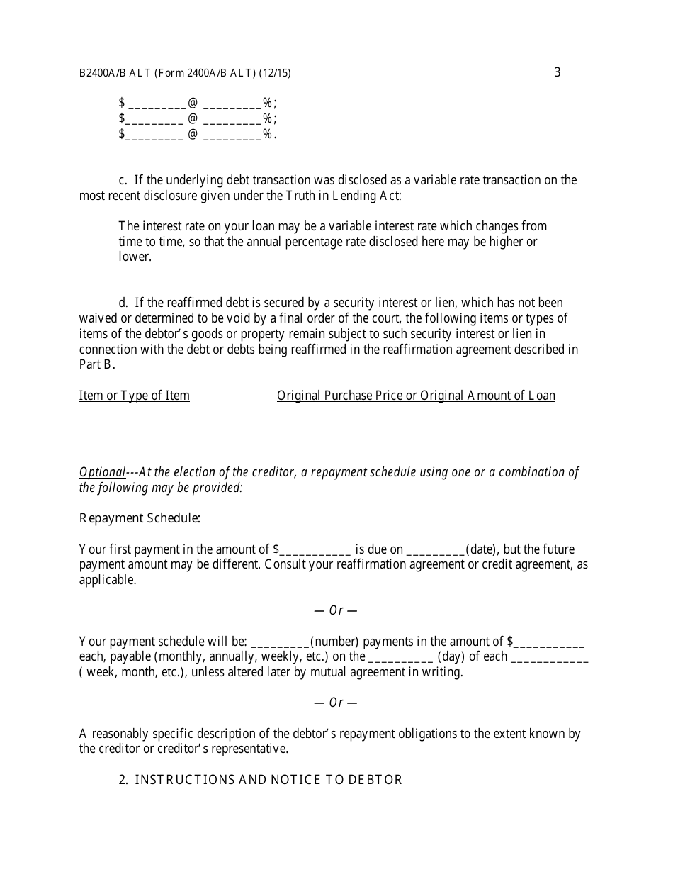 Form B2400A / B ALT Reaffirmation Agreement, Page 3