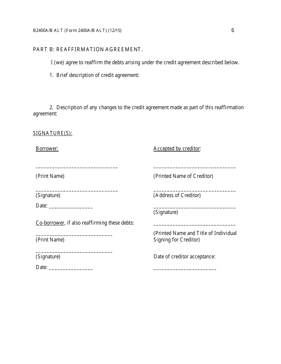 Form B2400A / B ALT Reaffirmation Agreement, Page 6