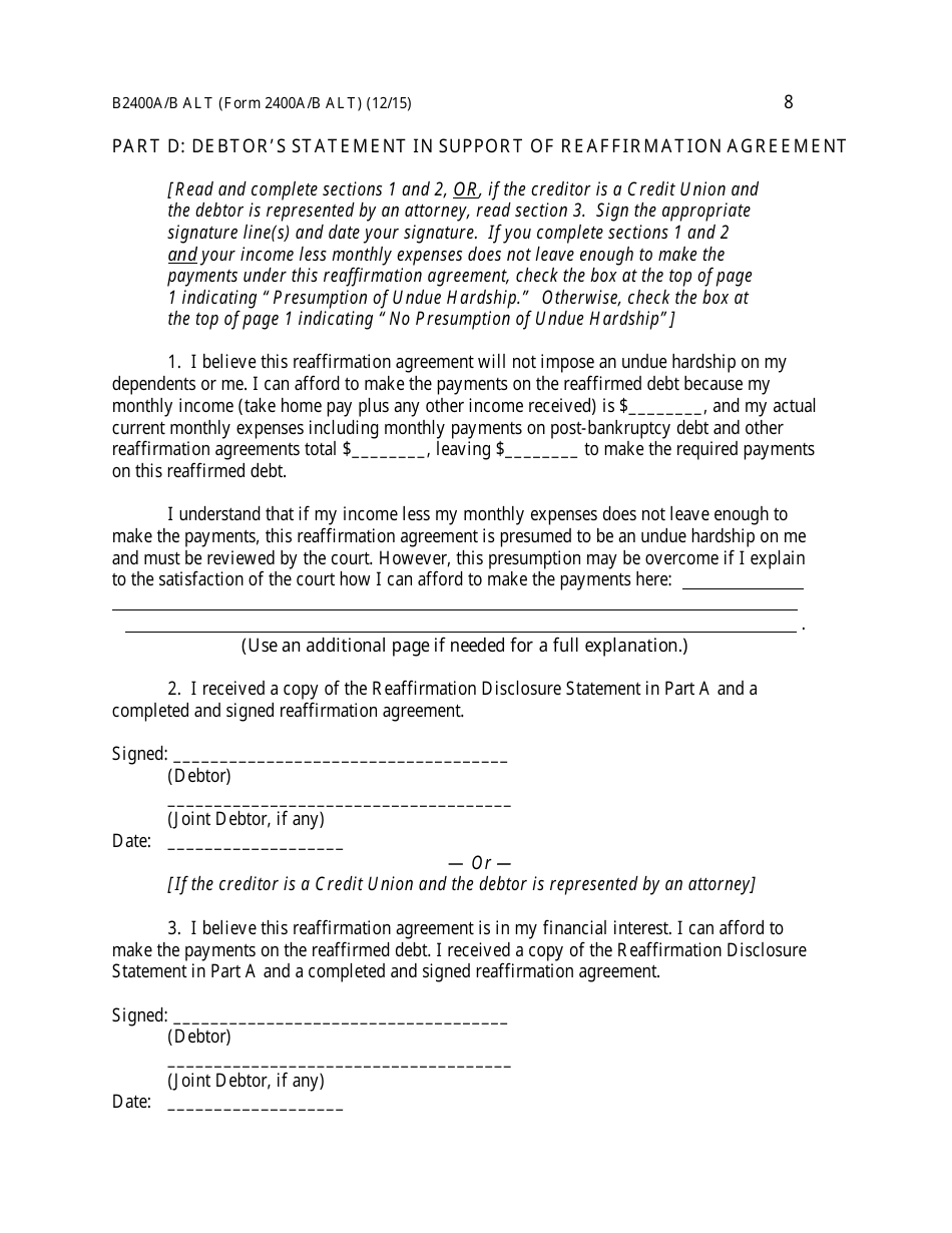 Form B2400A / B ALT Reaffirmation Agreement, Page 8