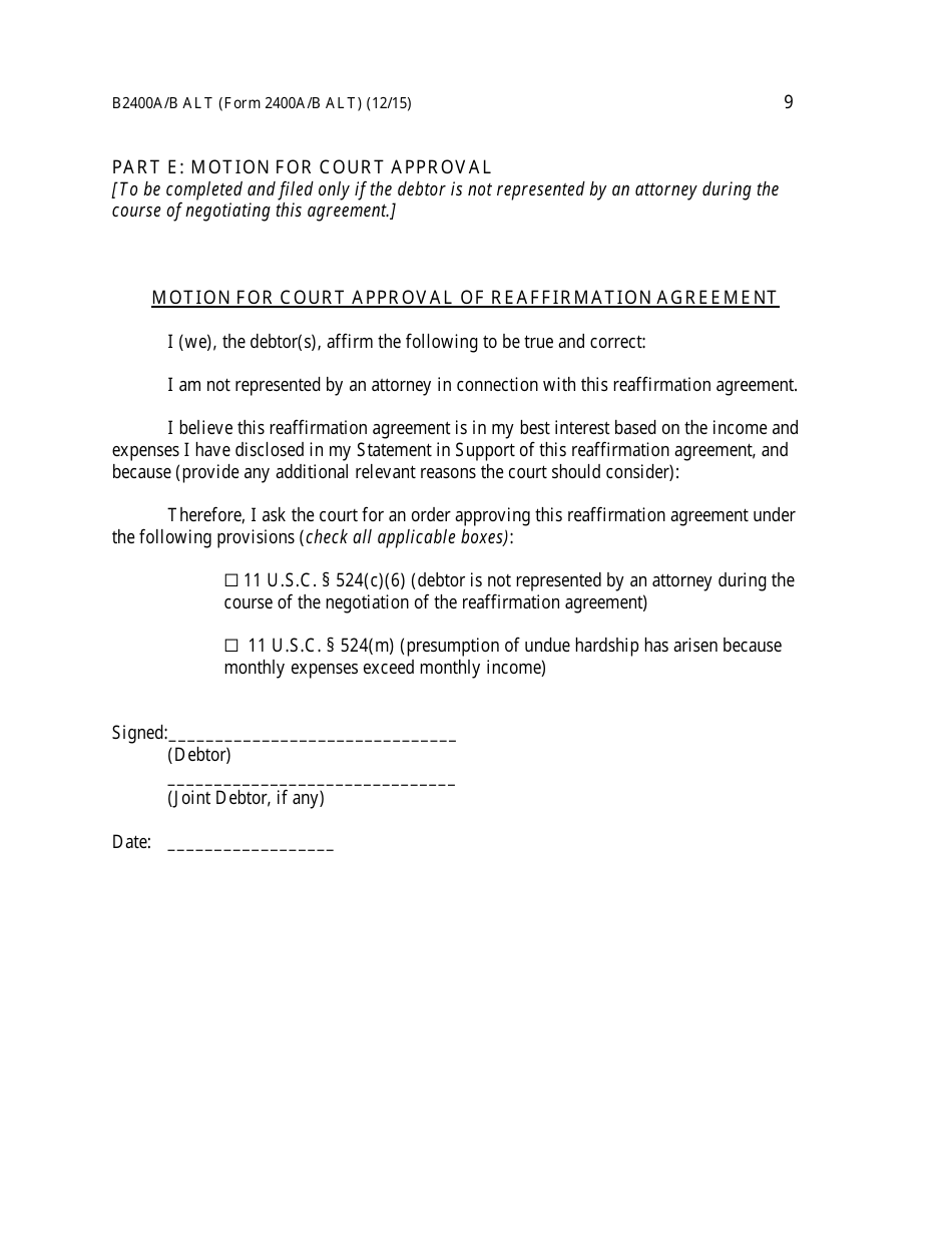 Form B2400A / B ALT Reaffirmation Agreement, Page 9