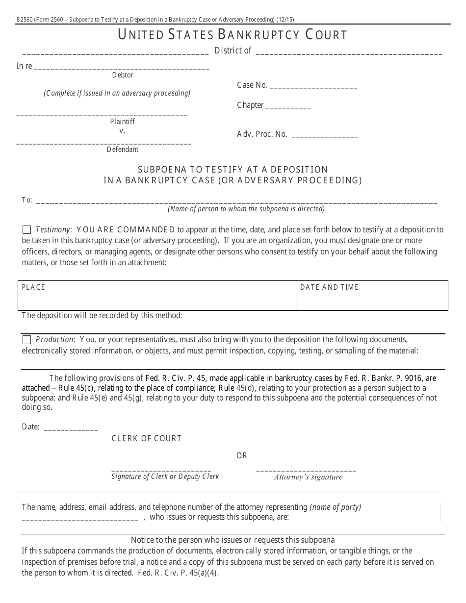 Form B2560 Subpoena to Testify at a Deposition in a Bankruptcy Case (Or Adversary Proceeding), Page 1