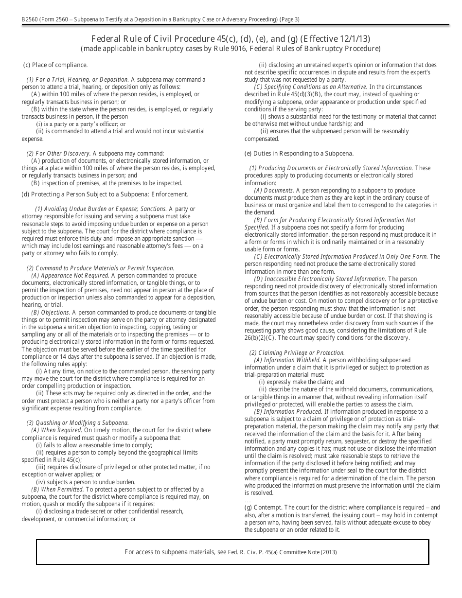 Form B2560 Subpoena to Testify at a Deposition in a Bankruptcy Case (Or Adversary Proceeding), Page 3