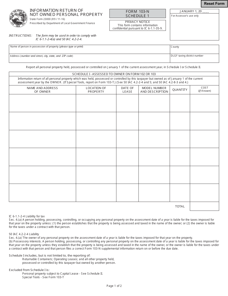 Form 103-N Schedule 1 Information Return of Not Owned Personal Property - Indiana, Page 1