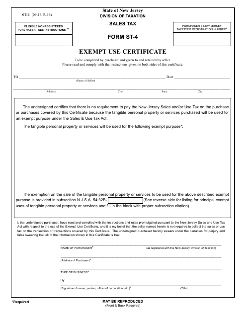Form ST-4 Exempt Use Certificate - New Jersey