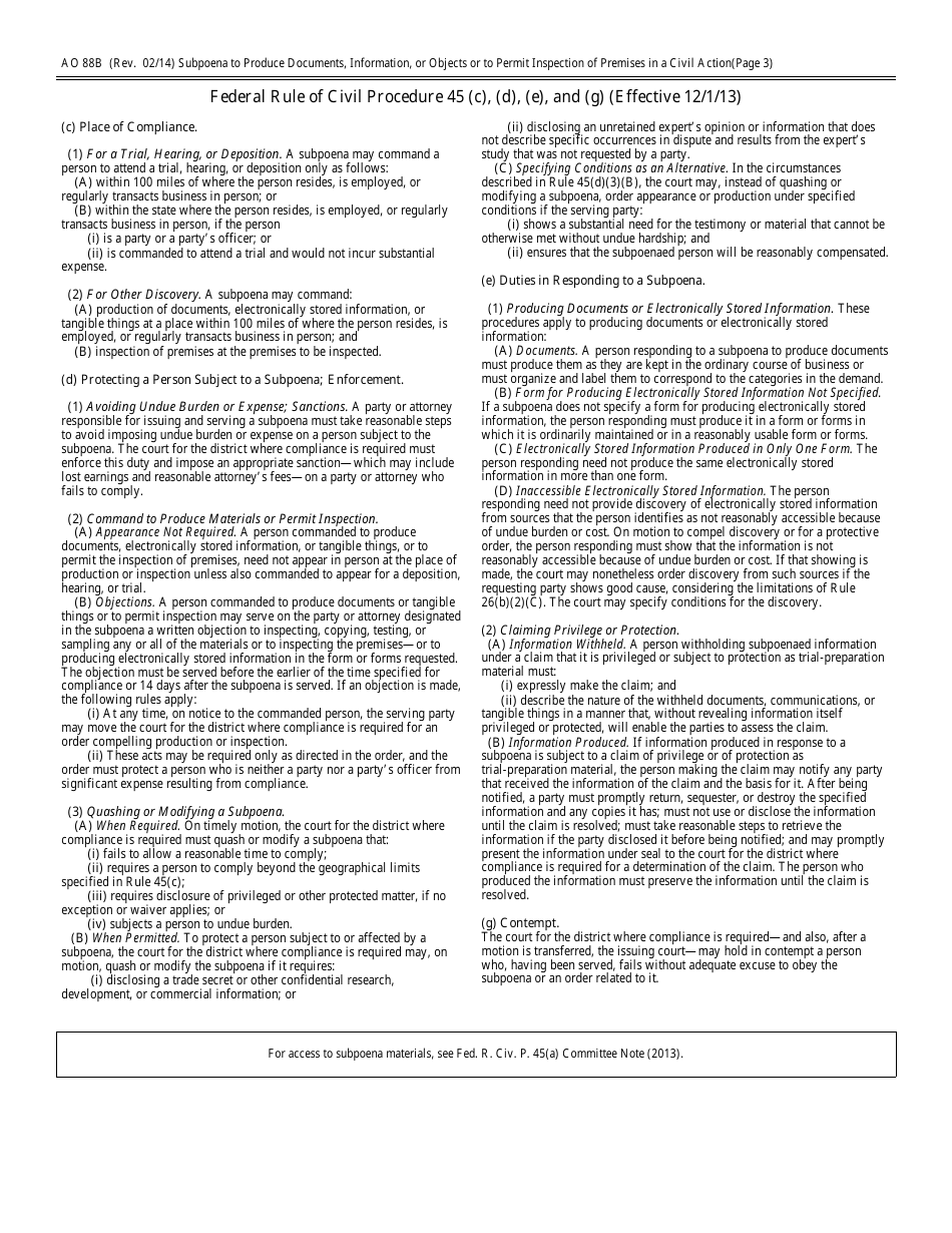 Form AO88B Subpoena to Produce Documents, Information, or Objects or to Permit Inspection of Premises in a Civil Action, Page 3