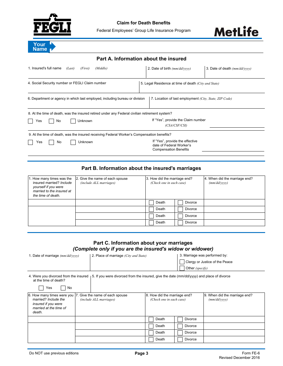 OPM Form FE-6 Claim for Death Benefits, Page 3