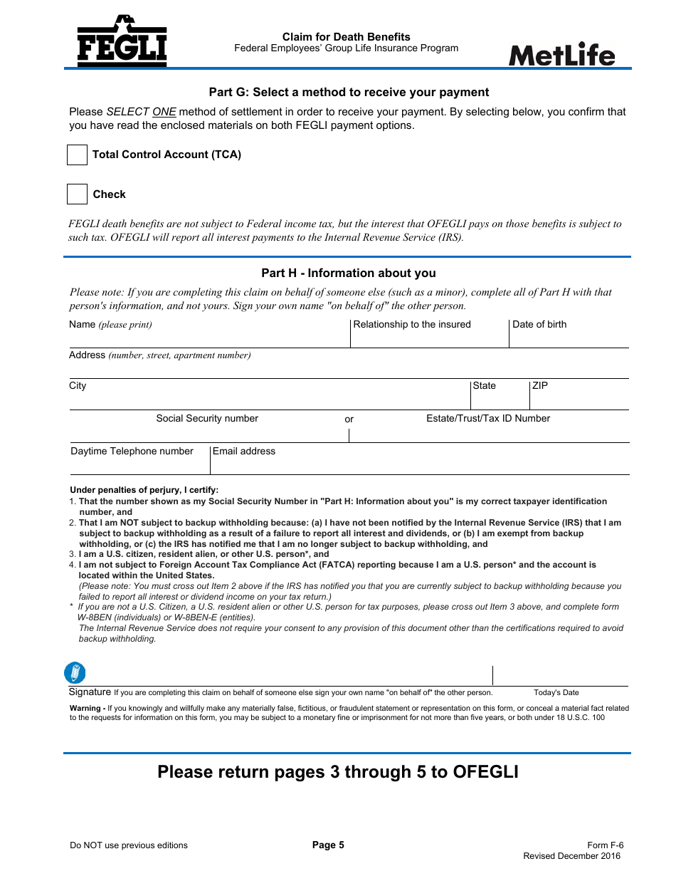 OPM Form FE-6 Claim for Death Benefits, Page 5