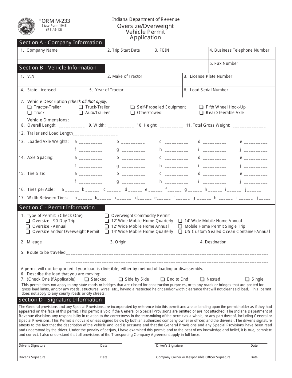 Form M-233 Oversize / Overweight Vehicle Permit Application - Indiana, Page 1