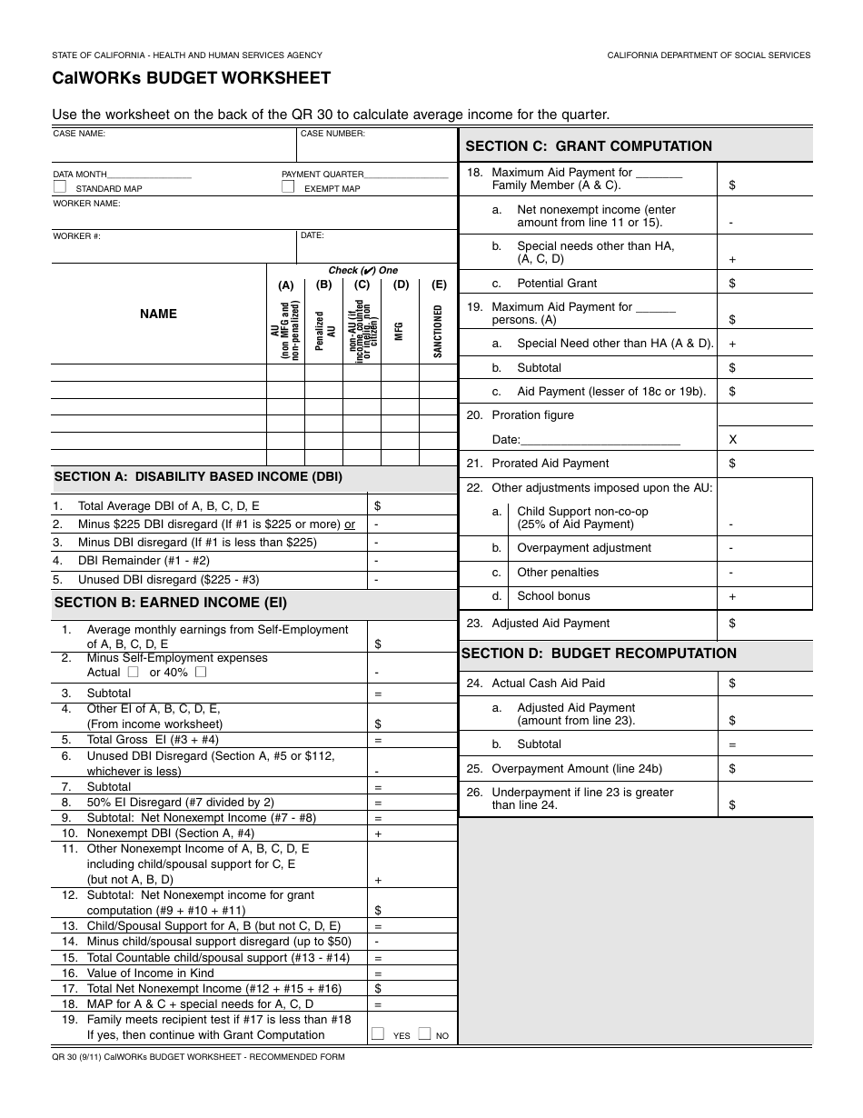 Form QR30 Calworks Budget Worksheet - California, Page 1