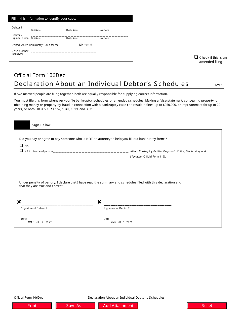 Official Form 106DEC Declaration About an Individual Debtors Schedules, Page 1