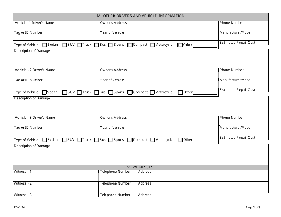 Form DS-1664 Overseas Motor Vehicle Mishap Report, Page 3