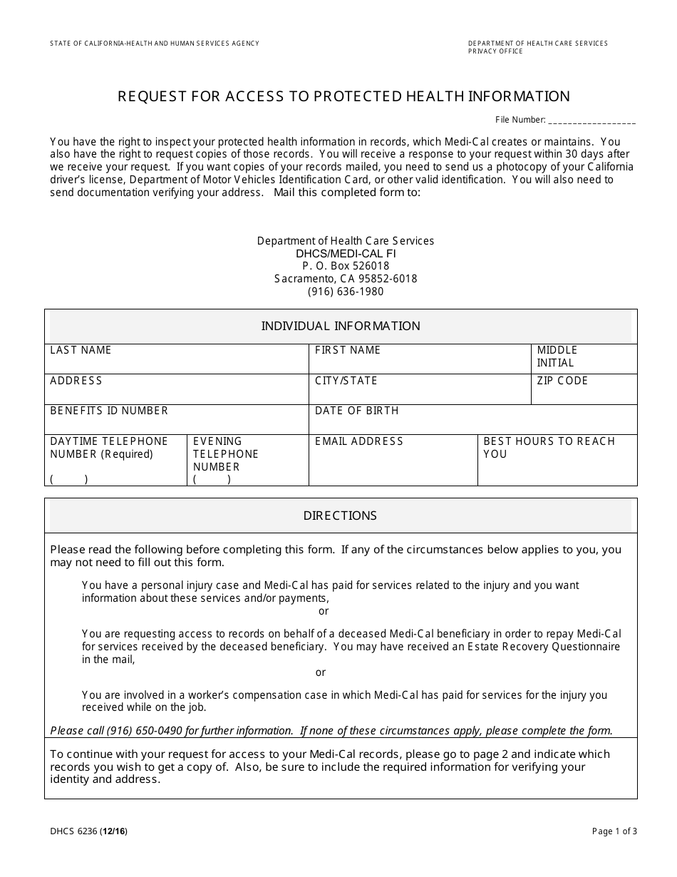 Form DHCS6236 Request for Access to Protected Health Information - California, Page 1