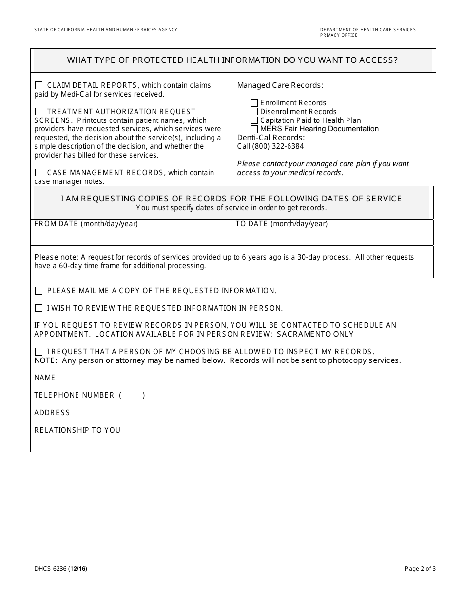 Form DHCS6236 Request for Access to Protected Health Information - California, Page 2