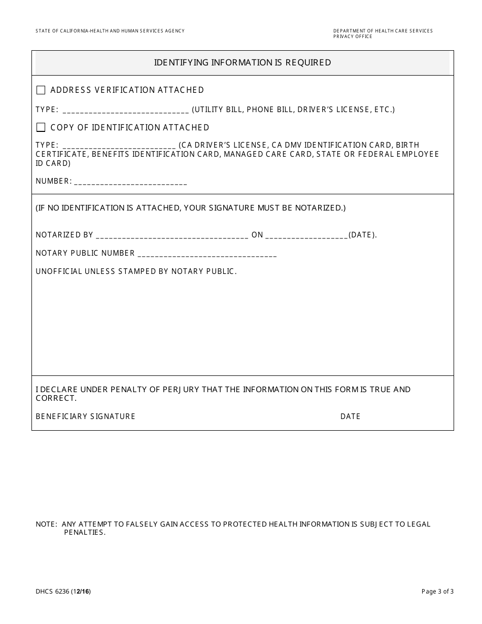 Form DHCS6236 Request for Access to Protected Health Information - California, Page 3