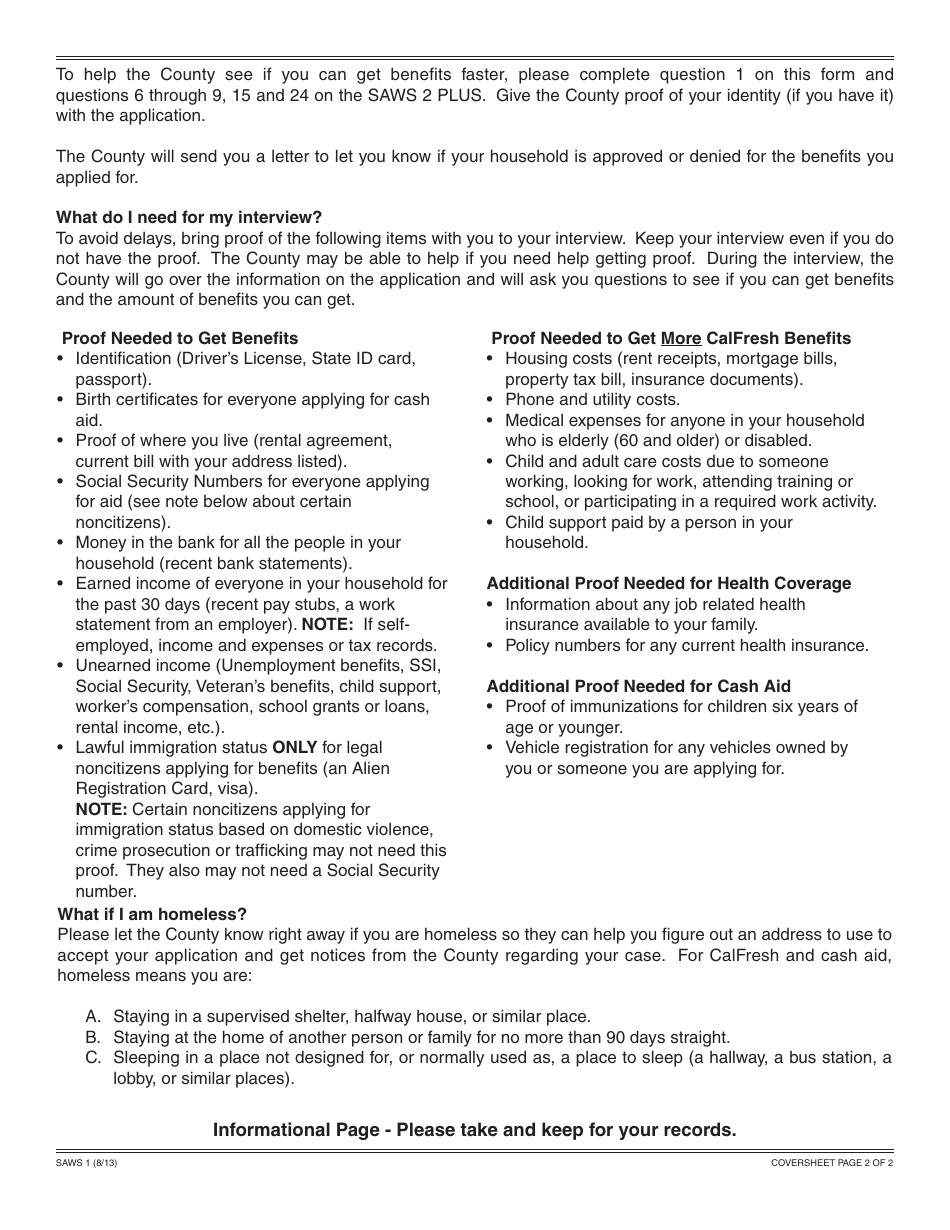 Form SAWS1 Initial Application for CalFresh, Cash Aid, and / or Medi-Cal / Health Care Programs - California, Page 2