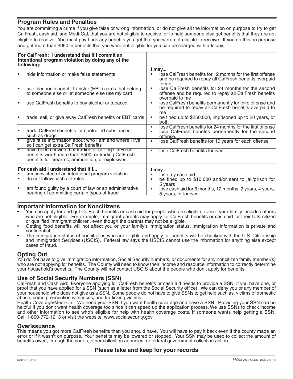Form SAWS1 Initial Application for CalFresh, Cash Aid, and / or Medi-Cal / Health Care Programs - California, Page 4