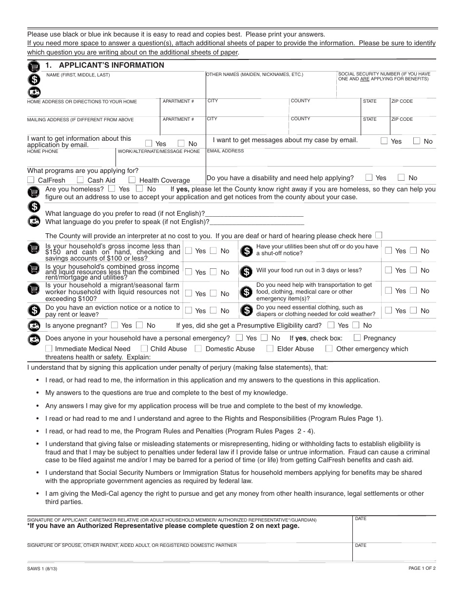 Form SAWS1 Initial Application for CalFresh, Cash Aid, and / or Medi-Cal / Health Care Programs - California, Page 7