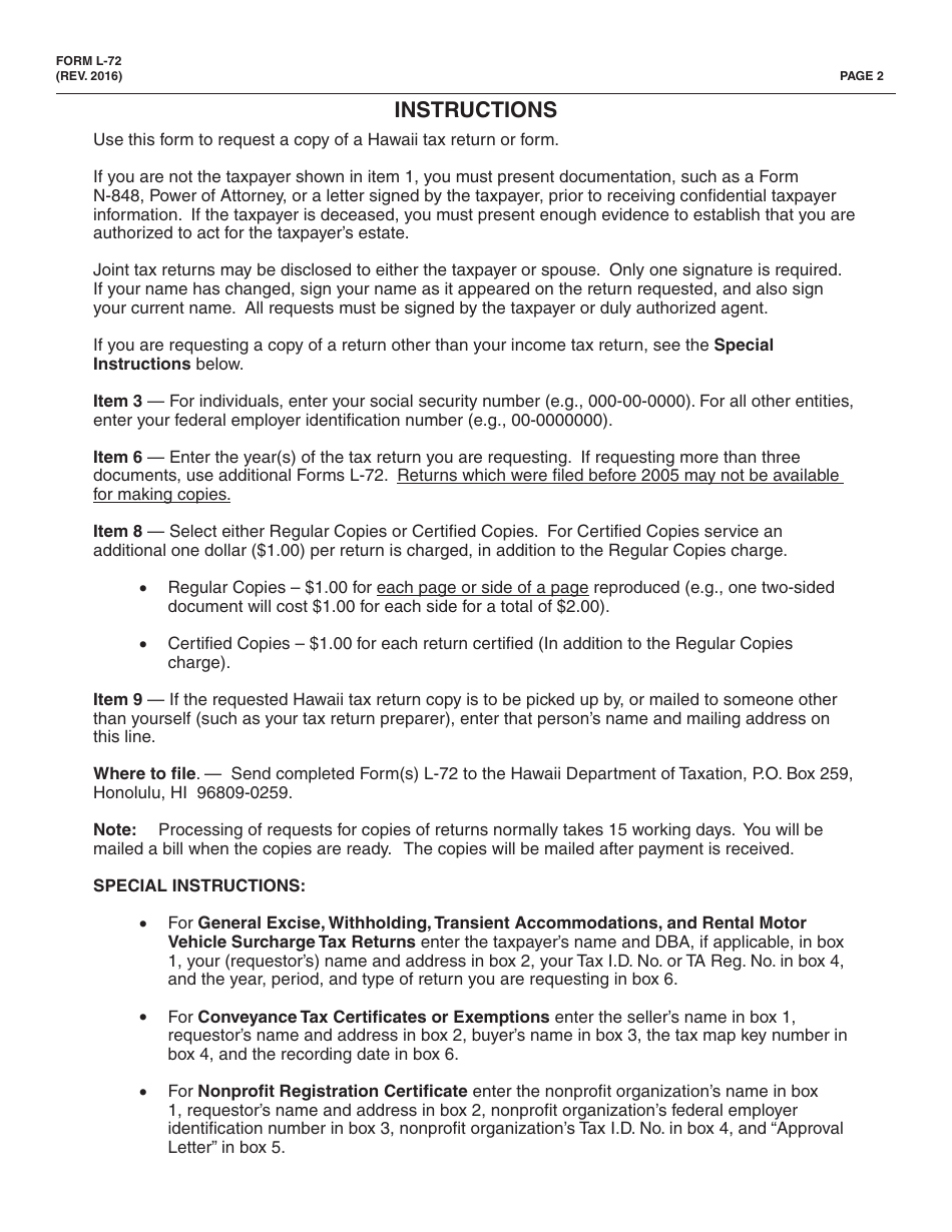 Form L-72 Request for Copies of Hawaii Tax Return - Hawaii, Page 2