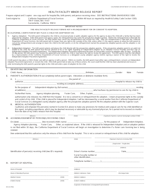 Form AD22 Health Facility Minor Release Report - California
