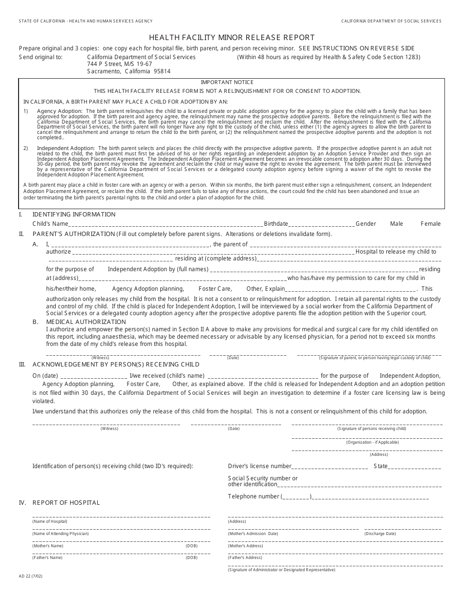Form AD22 Health Facility Minor Release Report - California, Page 1