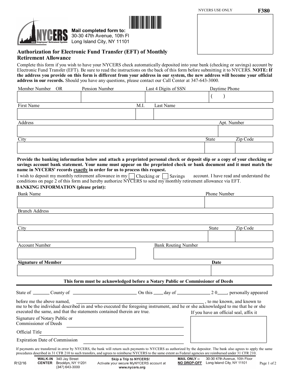 Form 380 Authorization for Electronic Fund Transfer (Eft) of Monthly Retirement Allowance - New York City, Page 1