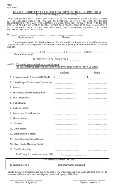 Form PTD-SI 250 Real Property Tax Deduction Supplemental Income Form - New Jersey
