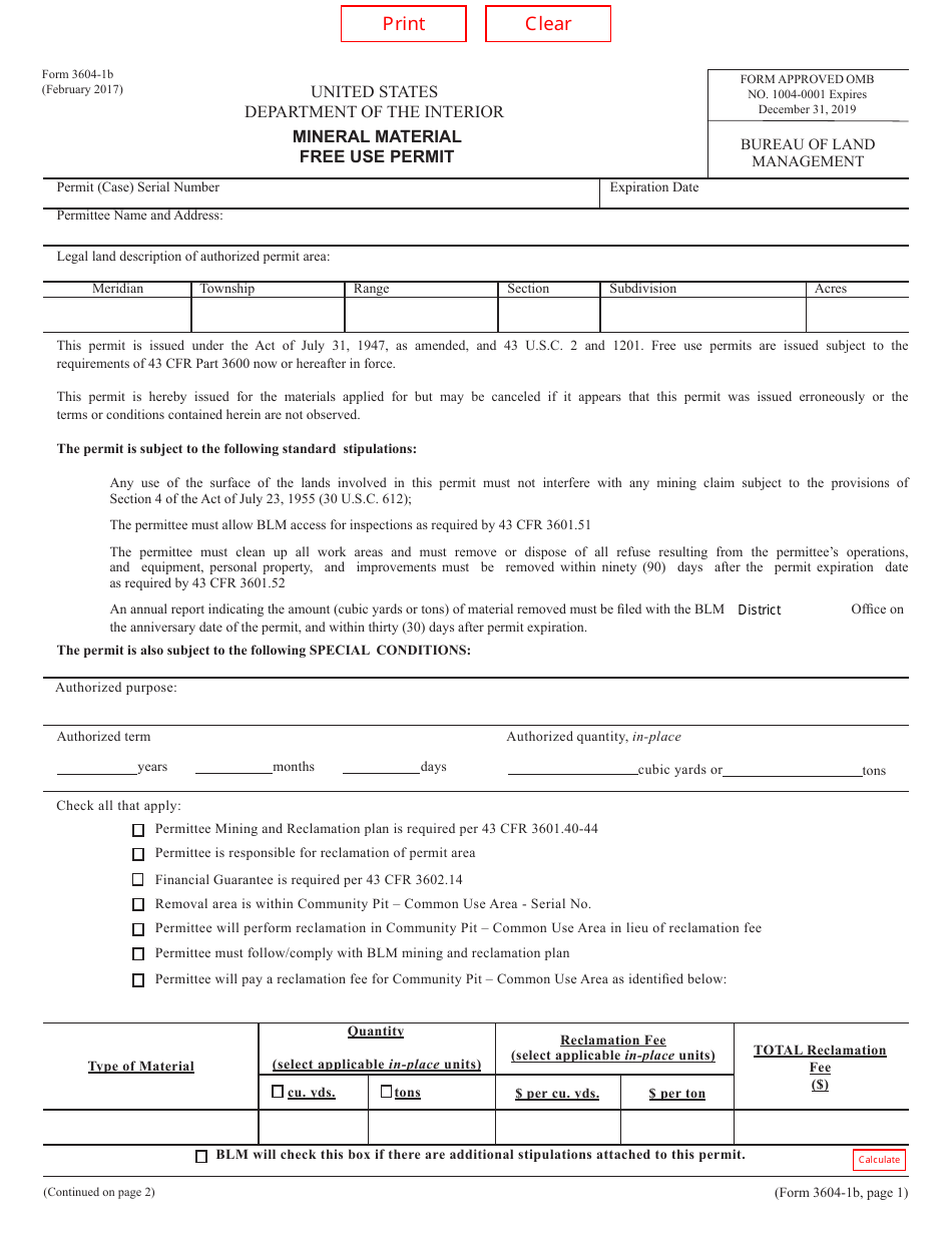Form 3604-1b Mineral Material Free Use Permit, Page 1
