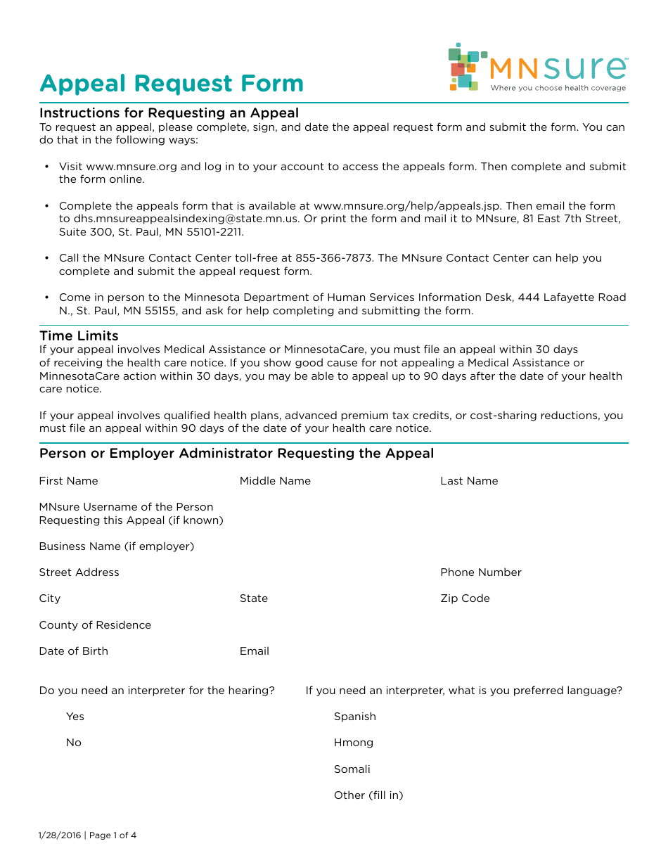 Appeal Request Form - Mnsure - Minnesota, Page 1