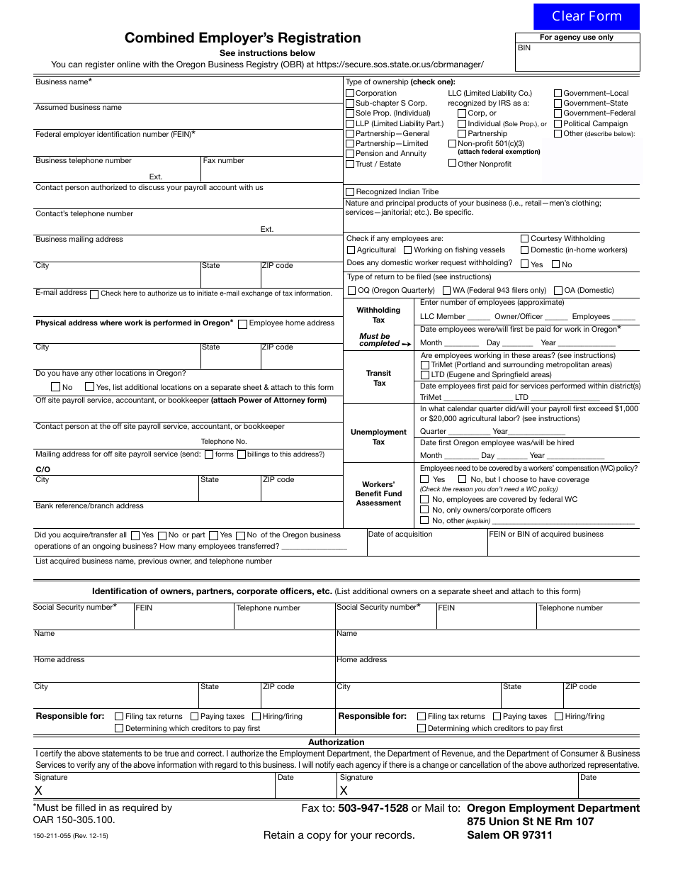 Form 150-211-055 Combined Employers Registration - Oregon, Page 1