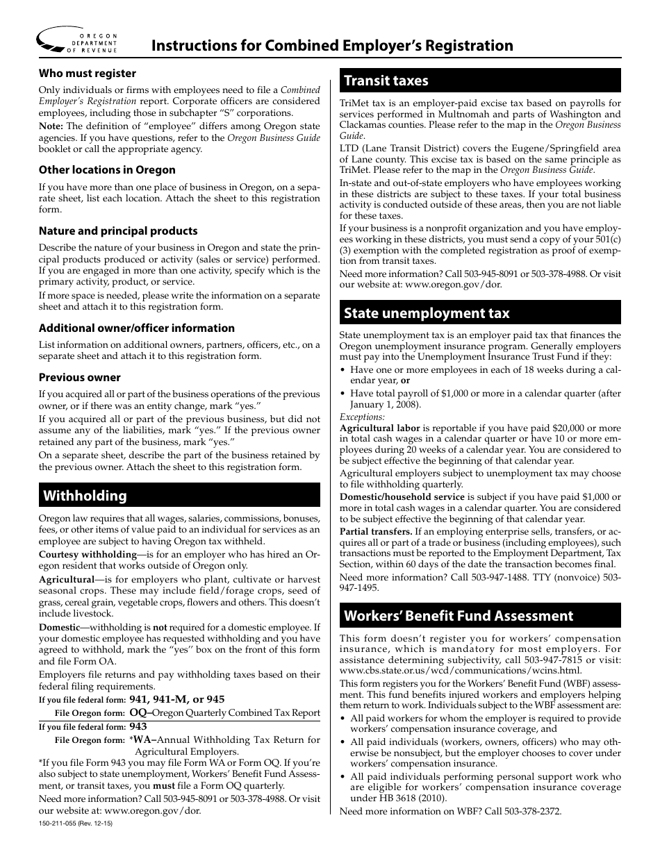 Form 150-211-055 Combined Employers Registration - Oregon, Page 2