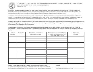 Form SFN21937 &quot;Exemption Certificate for Government and Qualifying School Lodging Accommodations&quot; - North Dakota