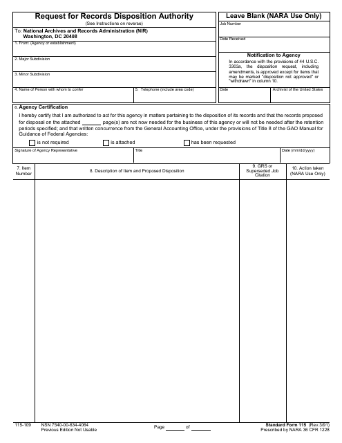 Form SF-115 Request for Records Disposition Authority