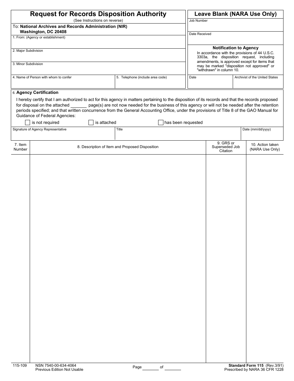 Form SF-115 Request for Records Disposition Authority, Page 1
