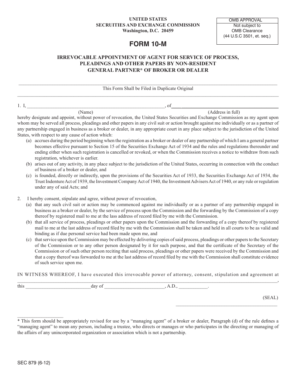 SEC Form 879 (10-M) Irrevocable Appointment of Agent for Service of Process, Pleadings and Other Papers by Non-resident General Partner of Broker or Dealer, Page 1