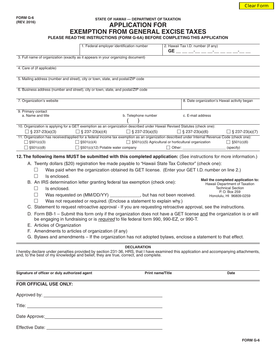 Form G-6 Application for Exemption From General Excise Taxes - Hawaii, Page 1