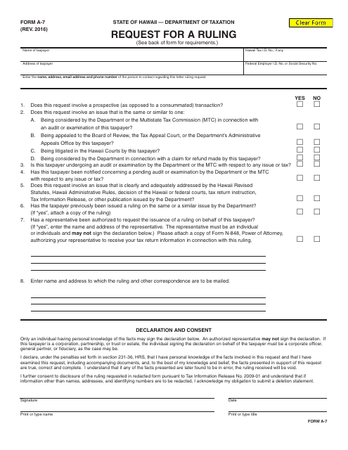 Form A-7 Request for a Ruling - Hawaii