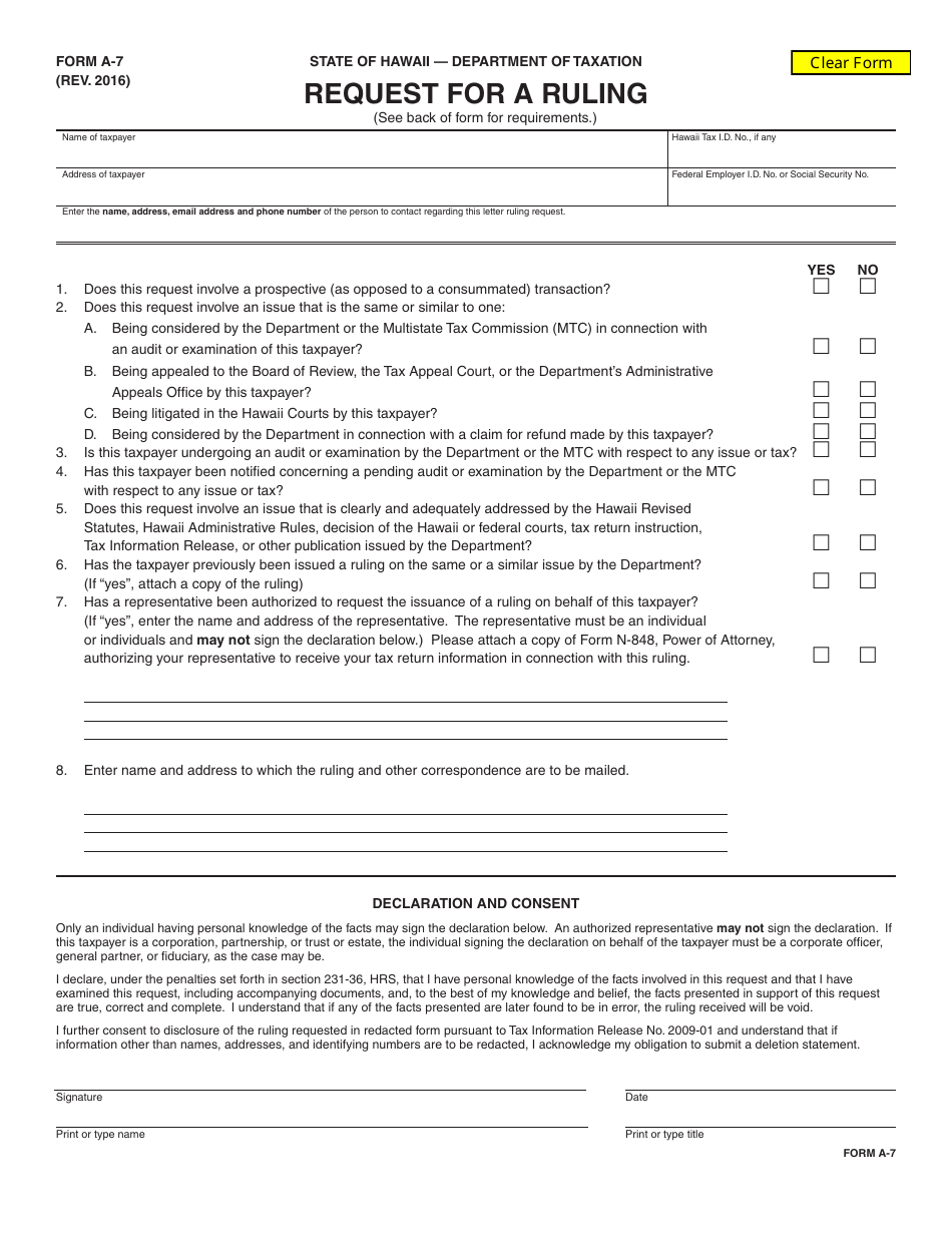 Form A-7 Request for a Ruling - Hawaii, Page 1