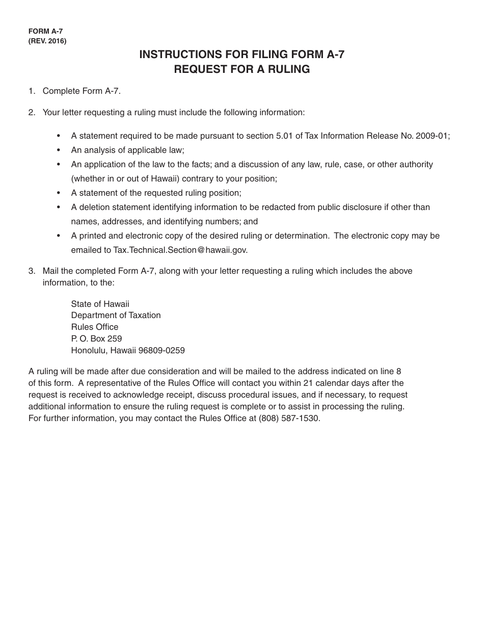 Form A-7 Request for a Ruling - Hawaii, Page 2