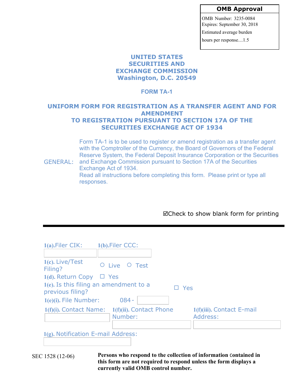 SEC Form 1528 (TA-1) Uniform Form for Registration as a Transfer Agent and for Amendment to Registration Pursuant to Section 17a of the Securities Exchange Act of 1934, Page 1