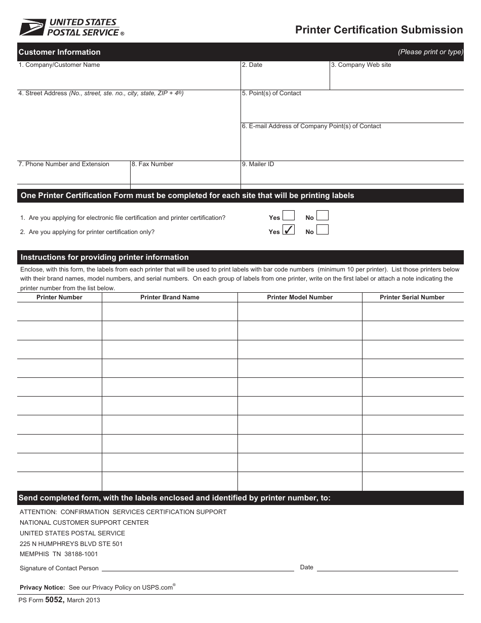 PS Form 5052 Printer Certification Submission, Page 1